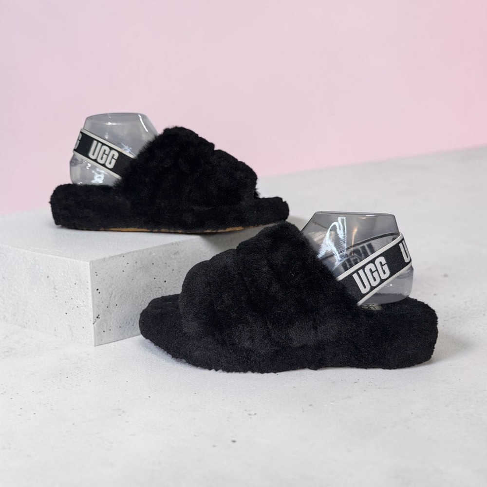 UGG Fluff Yeah Slide Black Sheepskin Slingback Sandals 1095119 Womens 9